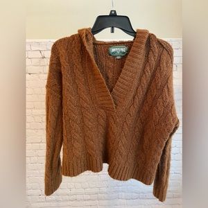 American Eagle Brown Hooded V-Neck Cable Knit Sweater Womens Size S